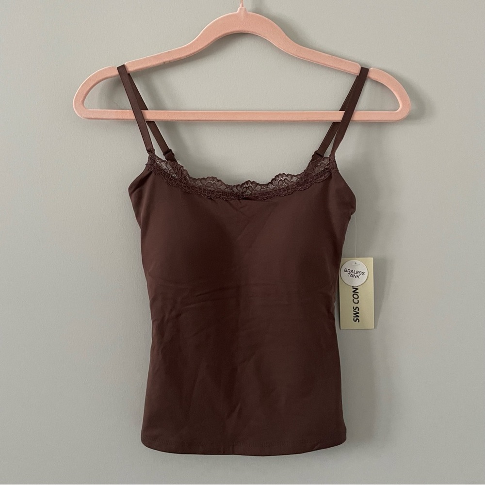 Lace Trim Tank Top with Built-in Padded Bra - Contour Fit - Brown